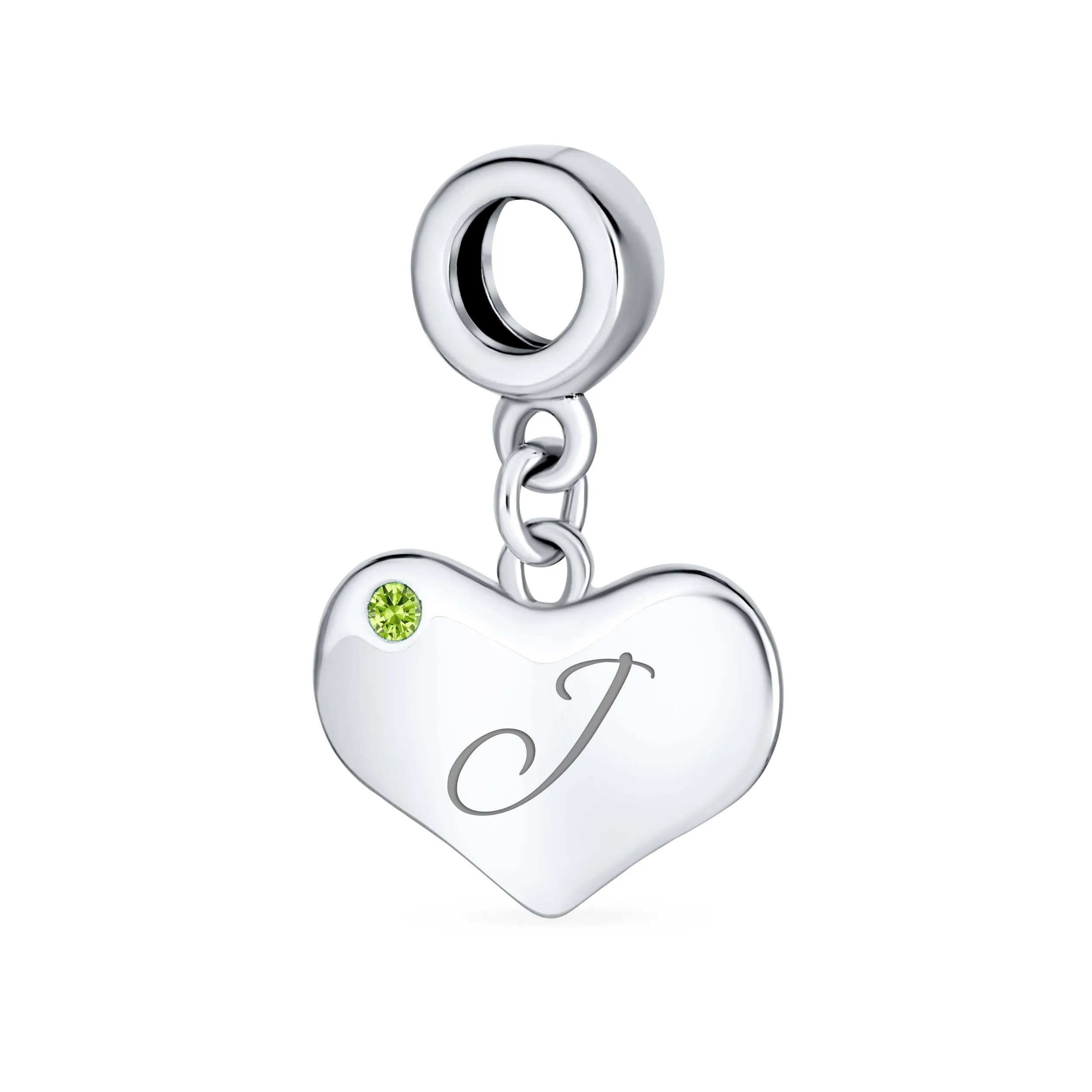 Initial Alphabet Bead Charm Lime Green Peridot Heart Dangle Sterling Silver Bead