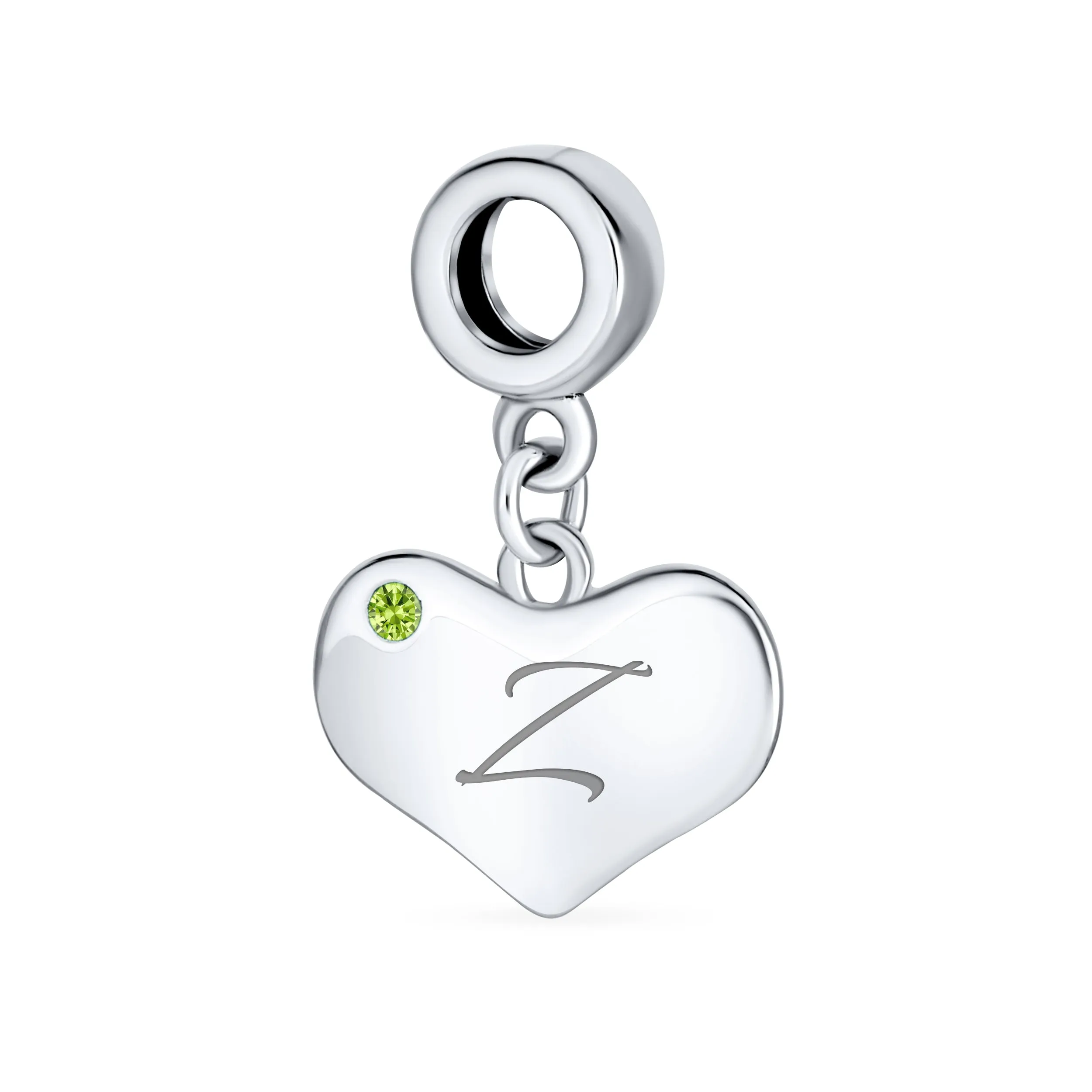 Initial Alphabet Bead Charm Lime Green Peridot Heart Dangle Sterling Silver Bead