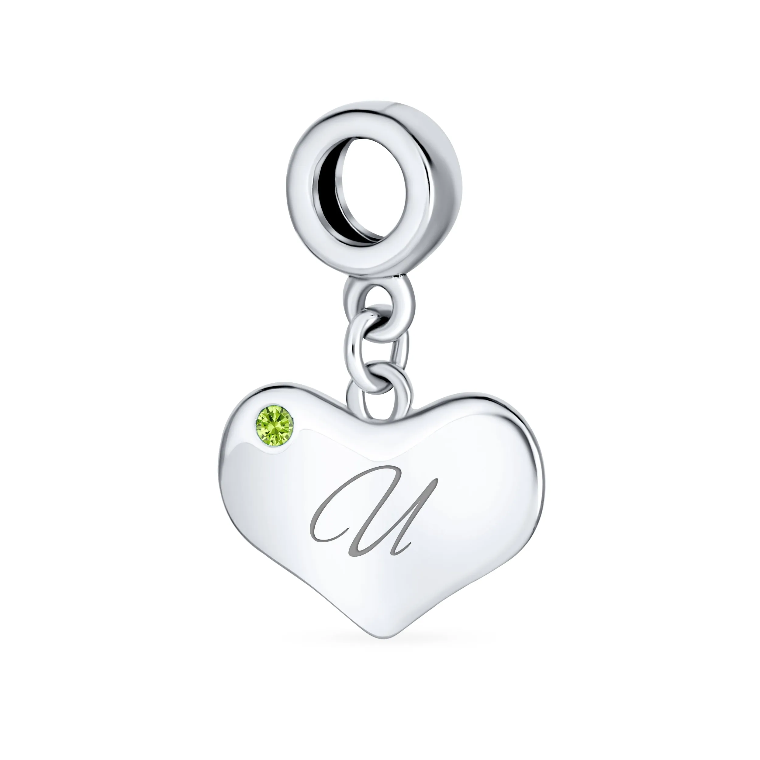 Initial Alphabet Bead Charm Lime Green Peridot Heart Dangle Sterling Silver Bead