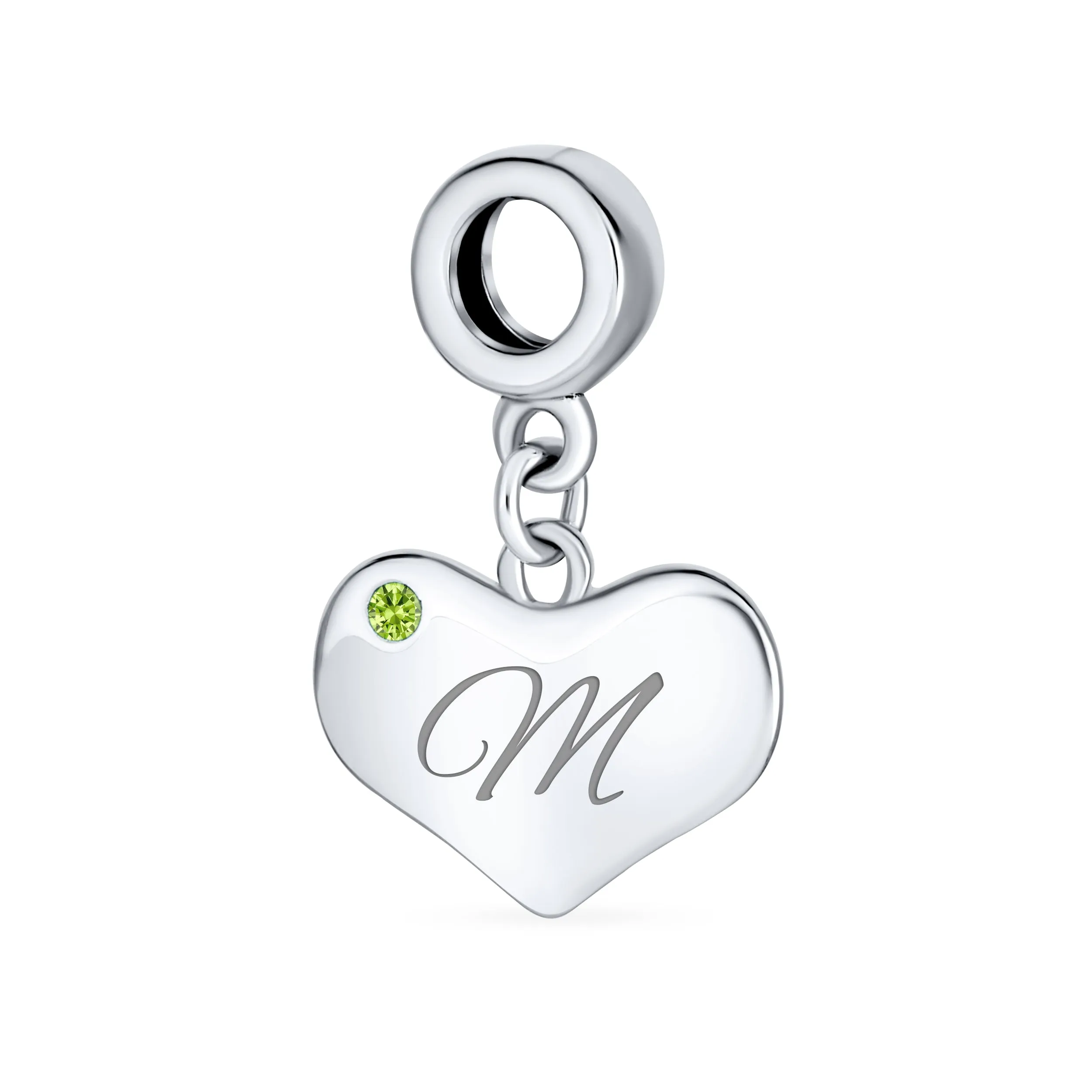 Initial Alphabet Bead Charm Lime Green Peridot Heart Dangle Sterling Silver Bead