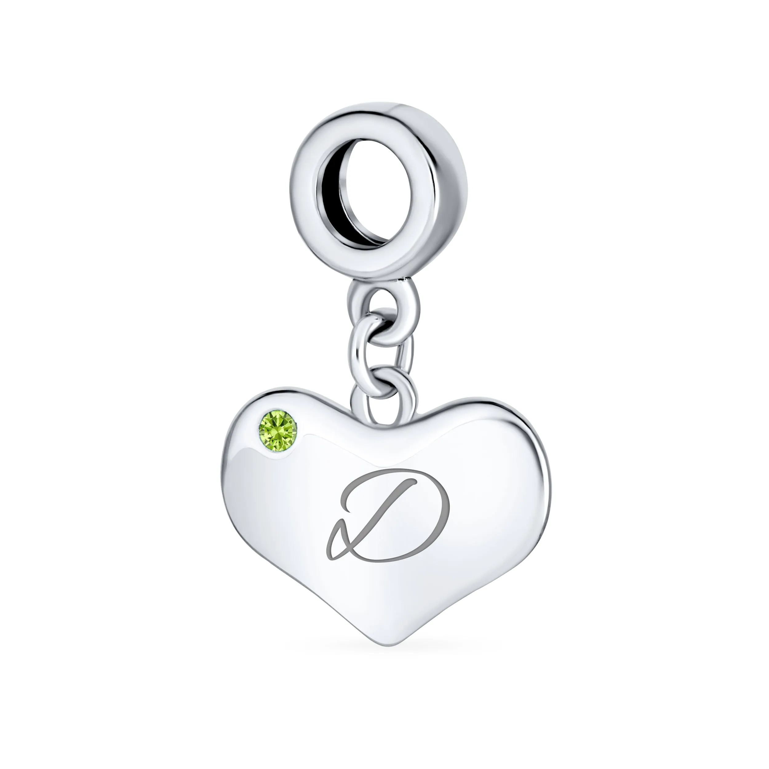 Initial Alphabet Bead Charm Lime Green Peridot Heart Dangle Sterling Silver Bead