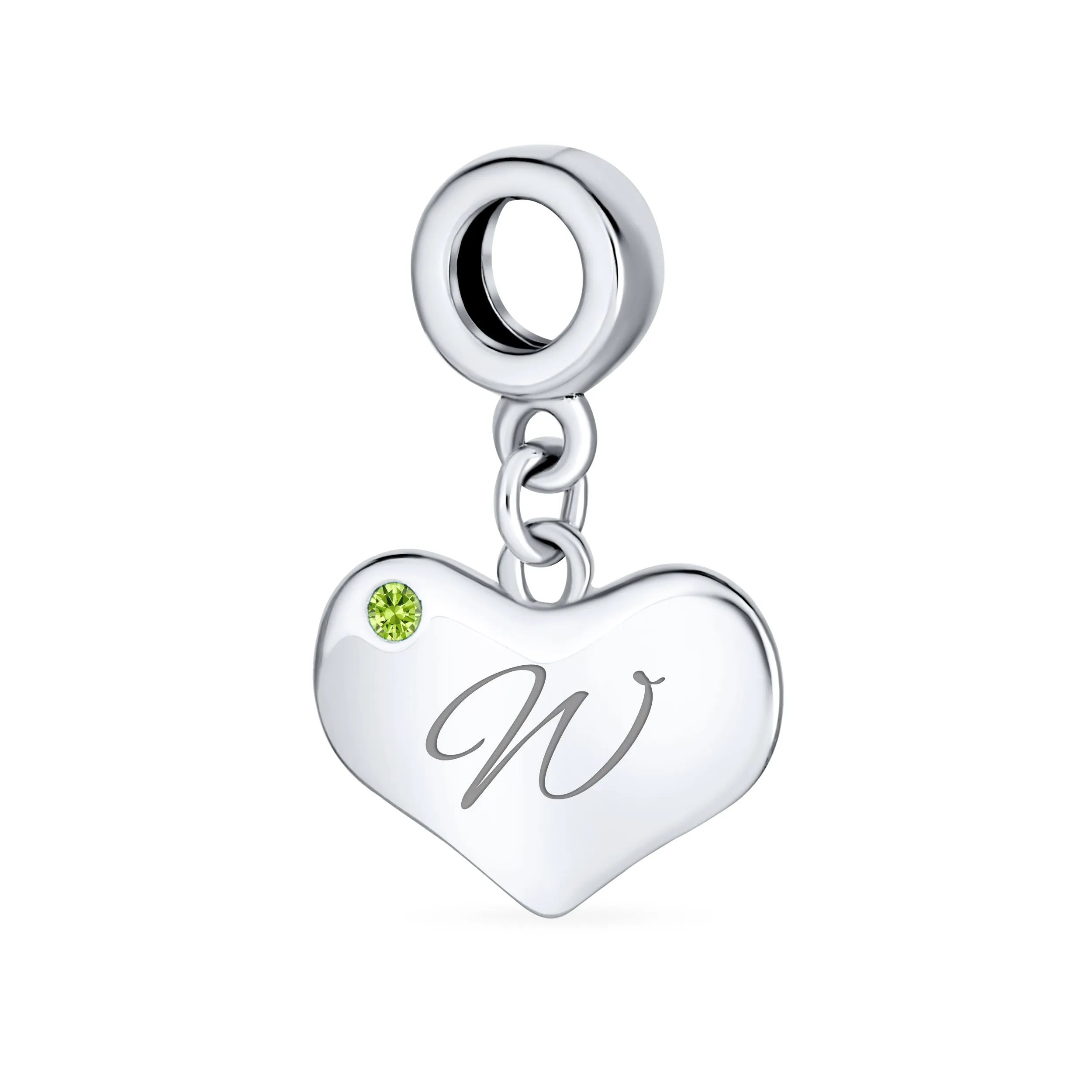 Initial Alphabet Bead Charm Lime Green Peridot Heart Dangle Sterling Silver Bead