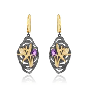 Italian Retro 925 Silver Natural Amethyst Drop Earrings for Women