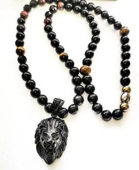 Men's Lion Head Obsidian Necklace