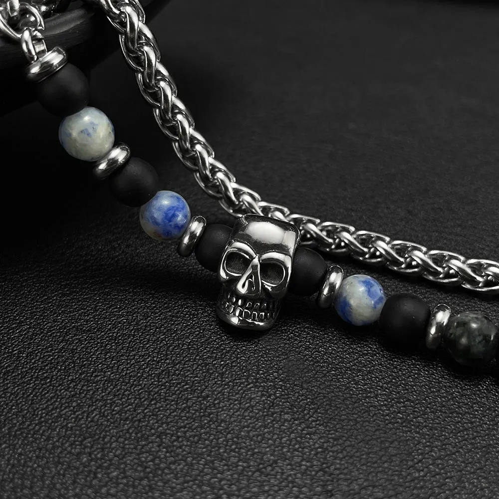 Men's Skull Bead Necklace with Black Onyx and Sodalite - Edgy Stainless Steel Chain, Perfect for Casual or Gothic Styles