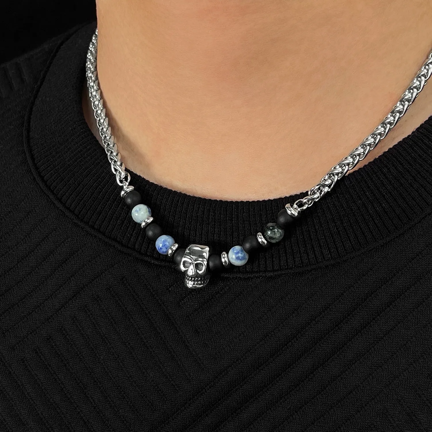 Men's Skull Bead Necklace with Black Onyx and Sodalite - Edgy Stainless Steel Chain, Perfect for Casual or Gothic Styles