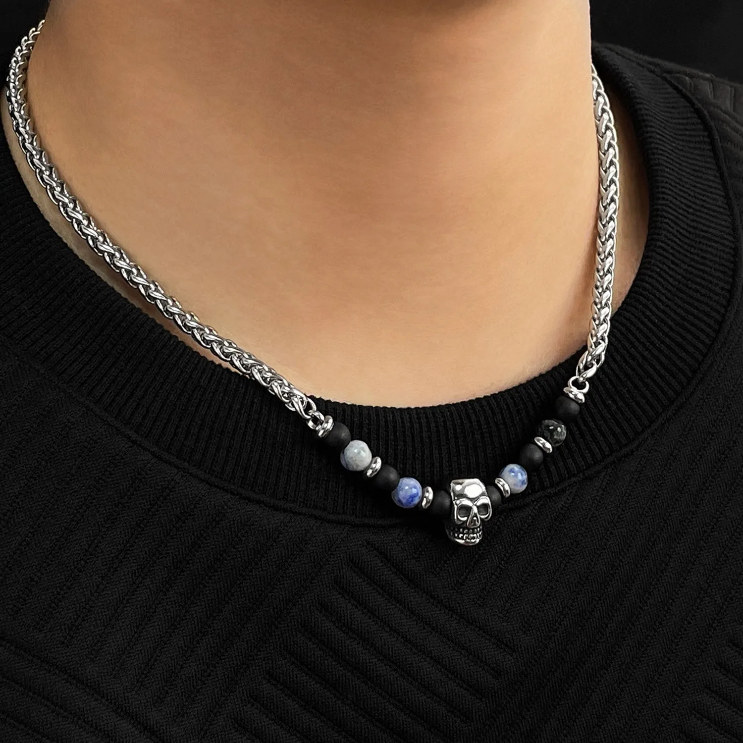 Men's Skull Bead Necklace with Black Onyx and Sodalite - Edgy Stainless Steel Chain, Perfect for Casual or Gothic Styles