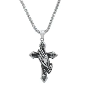 Men's Stainless Steel Oxidized Prayer Hand and Cross Pendant