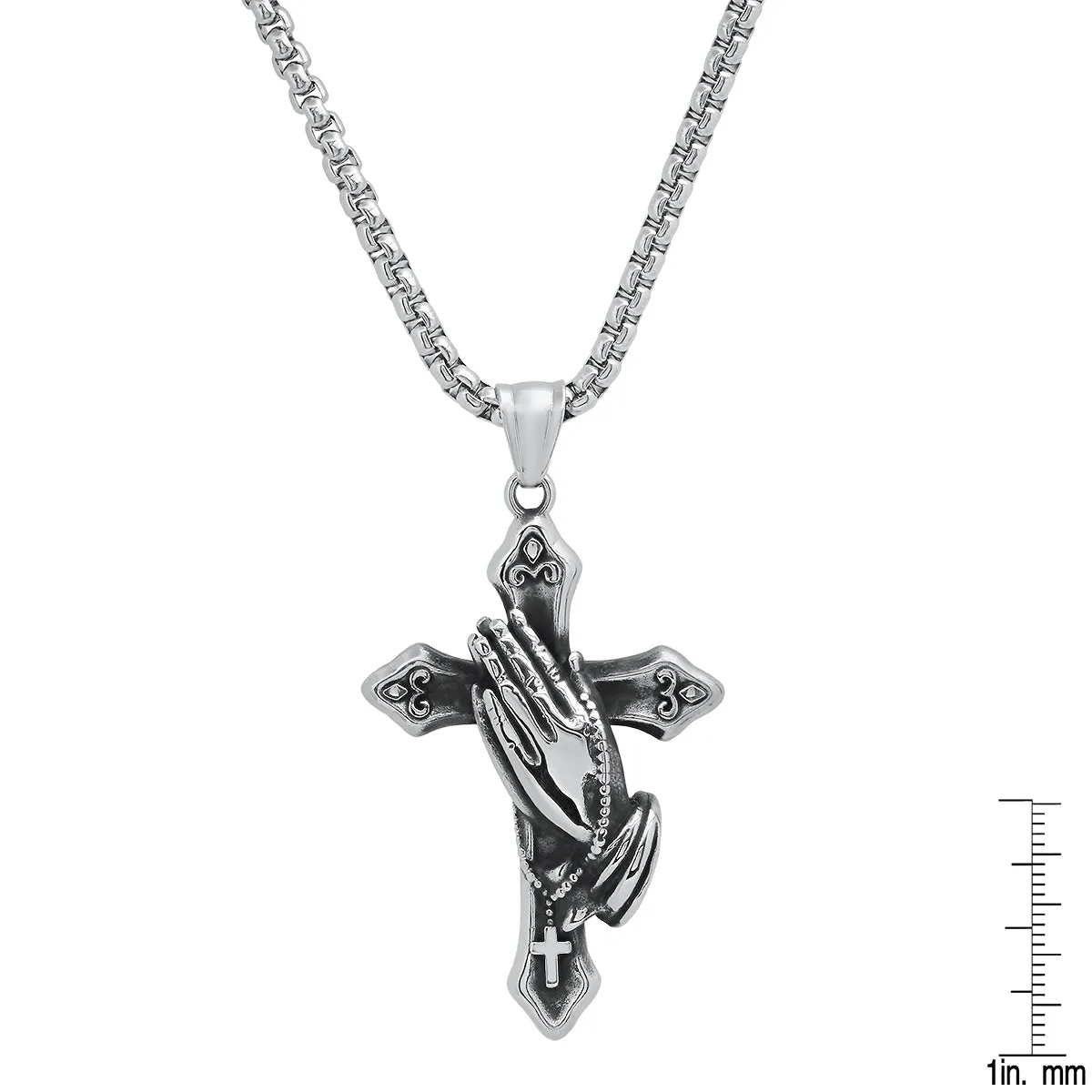 Men's Stainless Steel Oxidized Prayer Hand and Cross Pendant