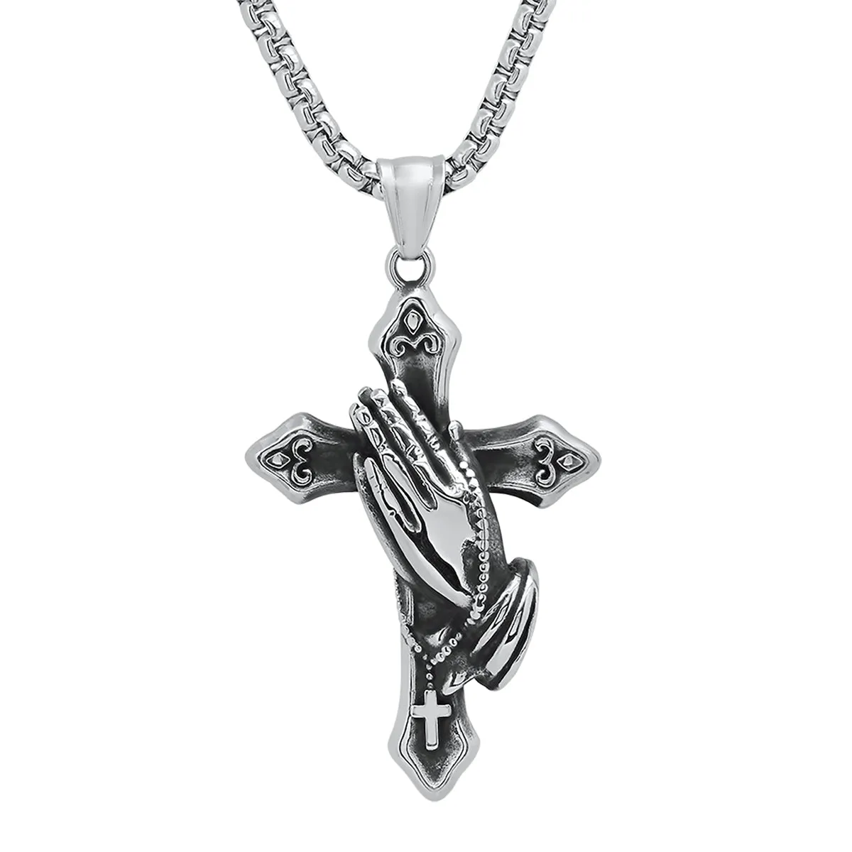 Men's Stainless Steel Oxidized Prayer Hand and Cross Pendant