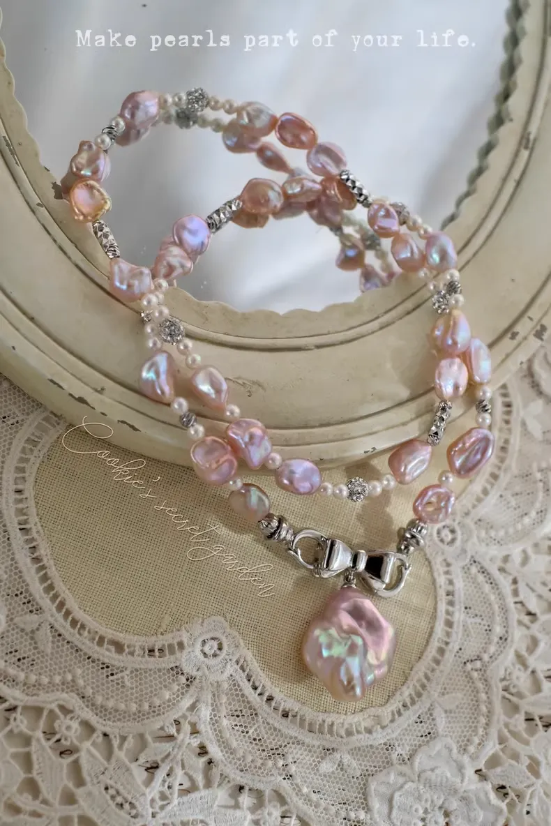 【Monet Garden Collection】 Handmade Amethyst Bow Baroque Pearl Pendant Necklace