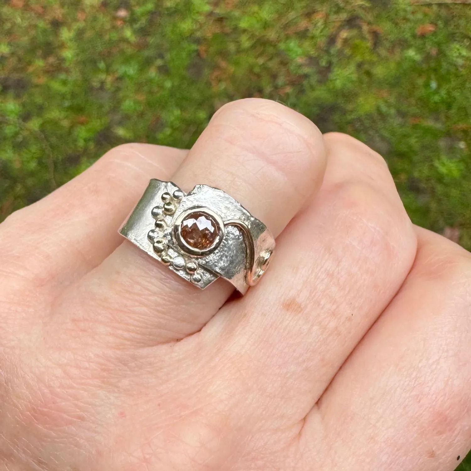 Natural Orange Rose Cut Diamond Earth Ring, Silver and Rose Gold Wide Band Ring