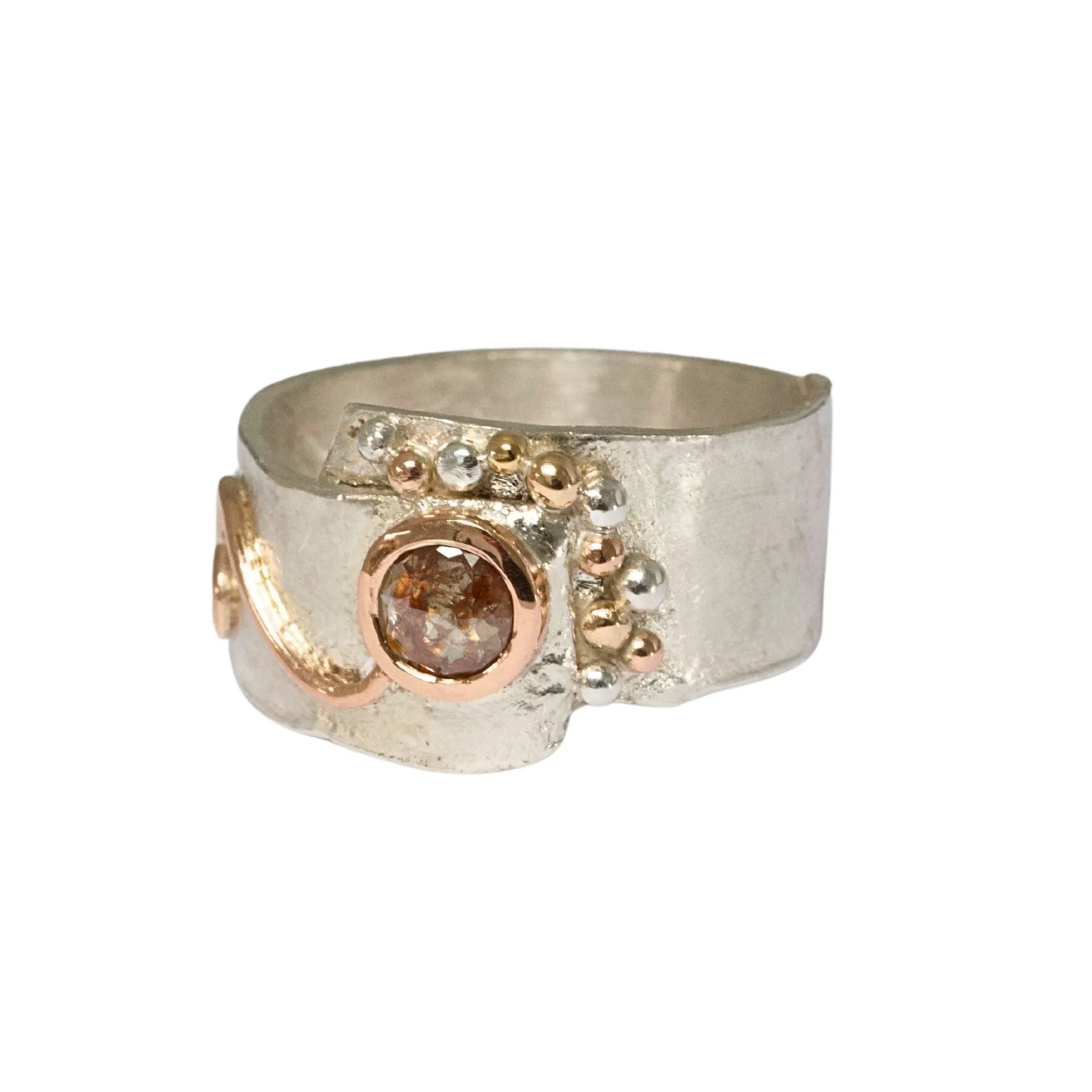 Natural Orange Rose Cut Diamond Earth Ring, Silver and Rose Gold Wide Band Ring