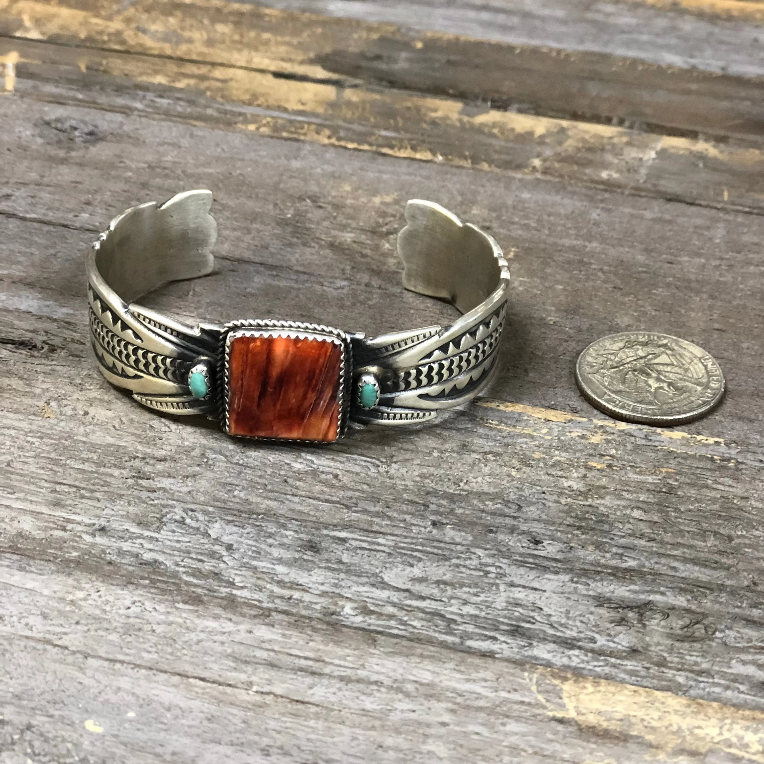 Navajo Made Sterling Silver and Spiny Oyster Cuff Bracelet