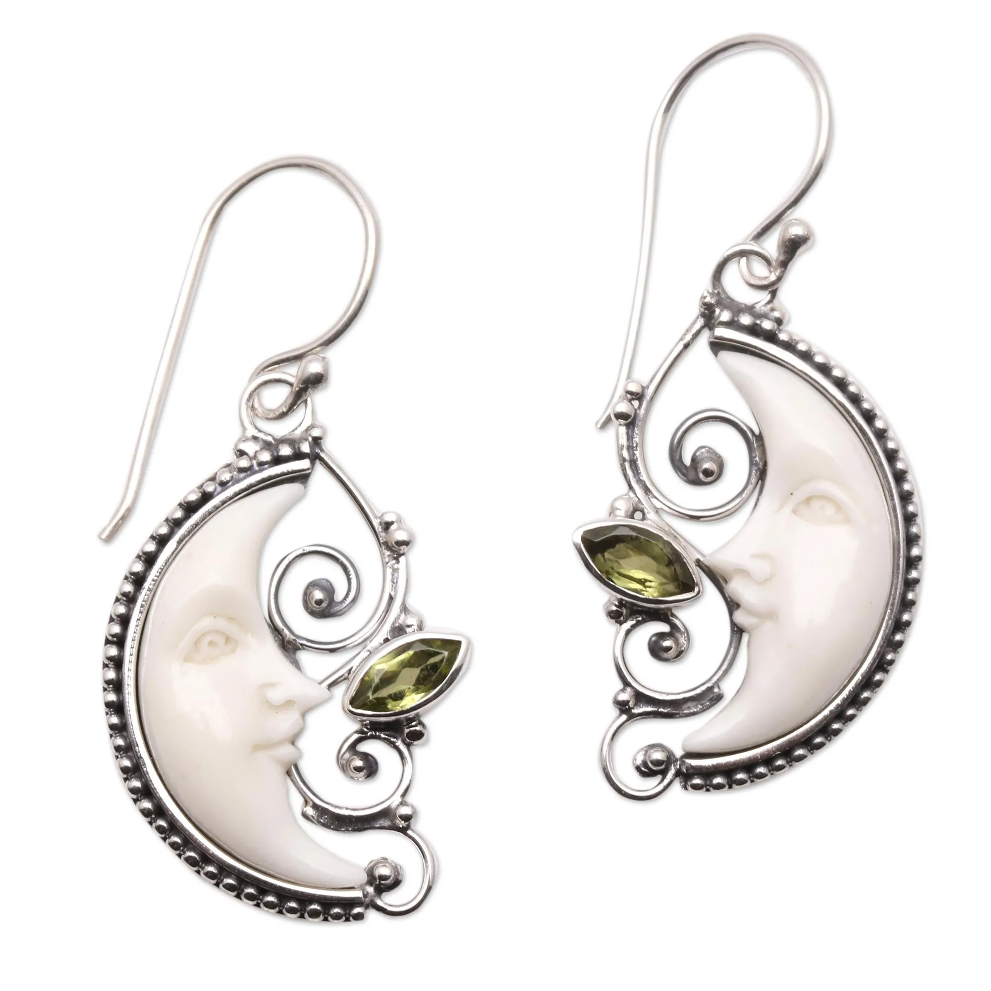 Peridot Crescent Moon Dangle Earrings from Bali - Bun Moons | NOVICA