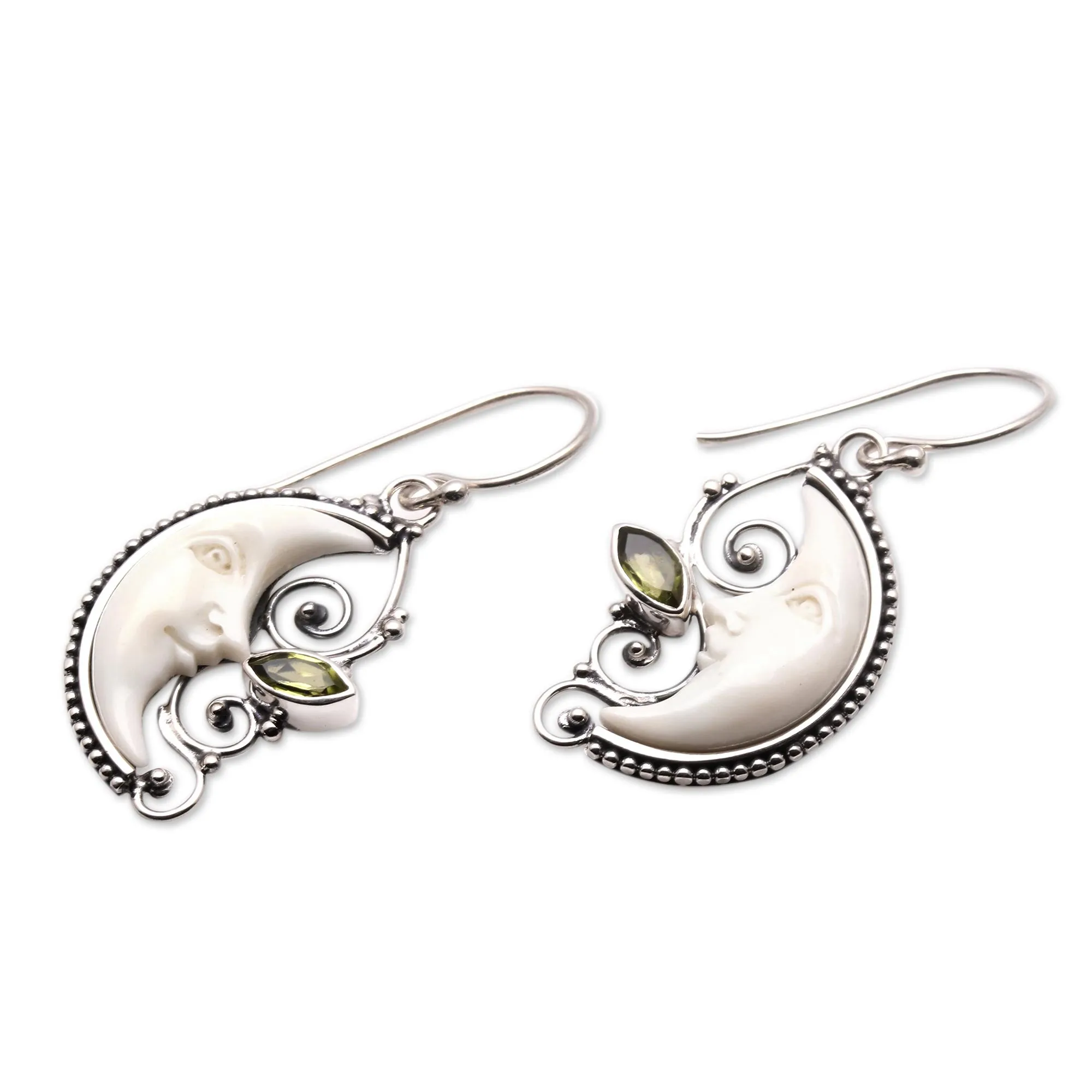 Peridot Crescent Moon Dangle Earrings from Bali - Bun Moons | NOVICA