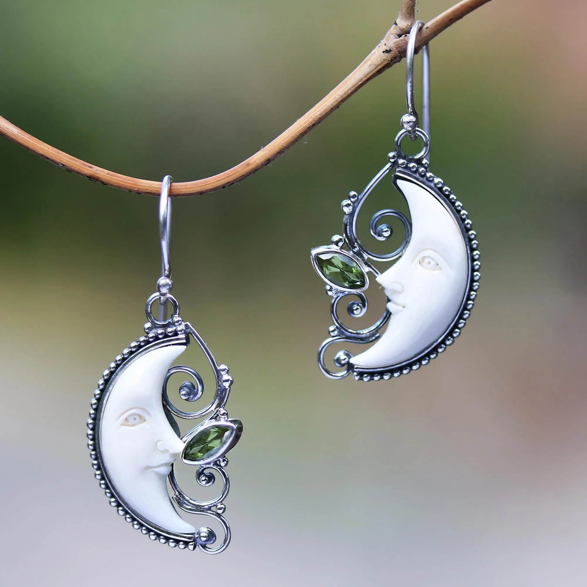 Peridot Crescent Moon Dangle Earrings from Bali - Bun Moons | NOVICA