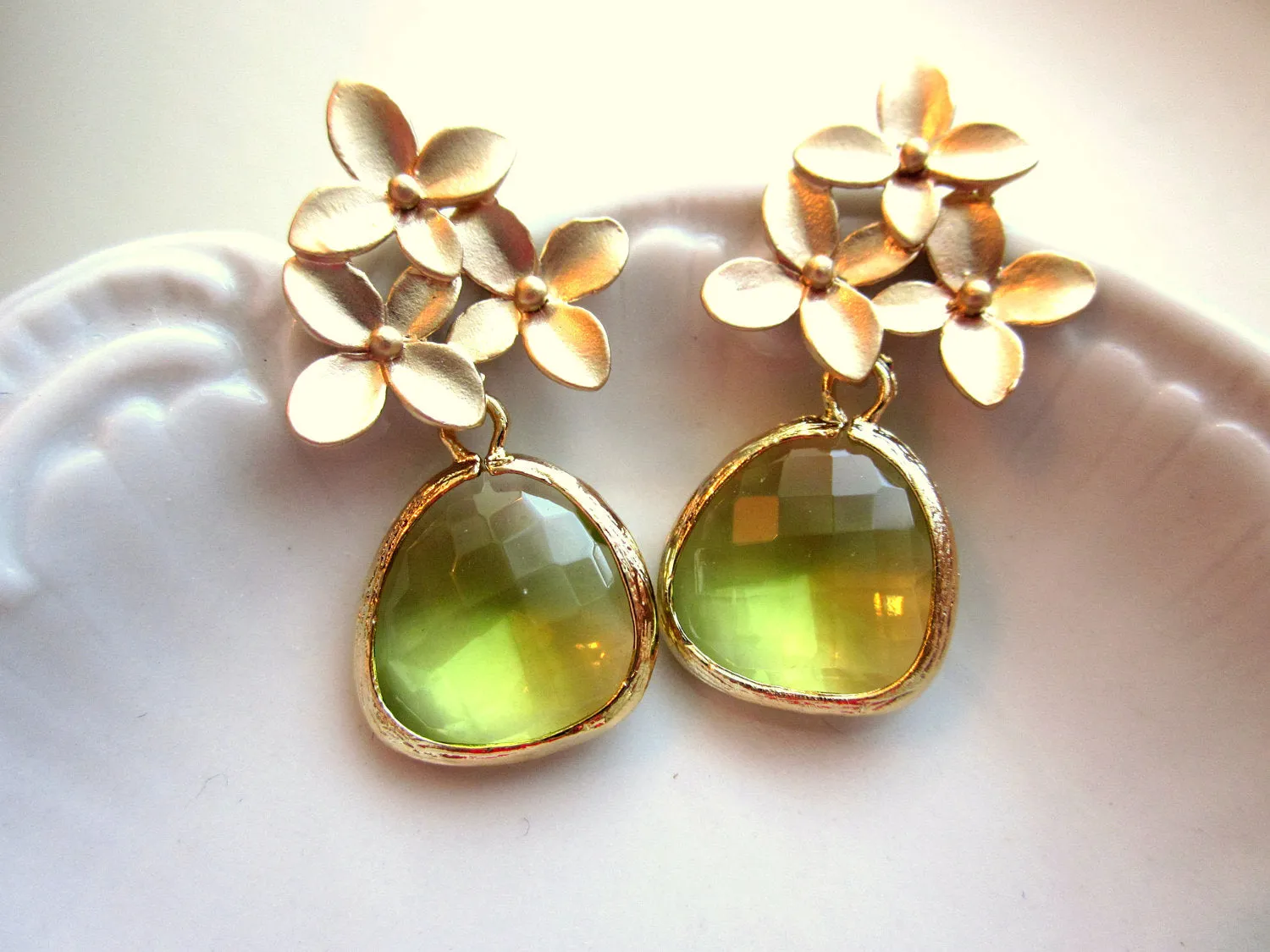 Peridot Earrings Apple Green Gold Cherry Blossom - Sterling Silver Posts - Bridesmaid Earrings - Wedding Jewelry - Valentines Day Gift