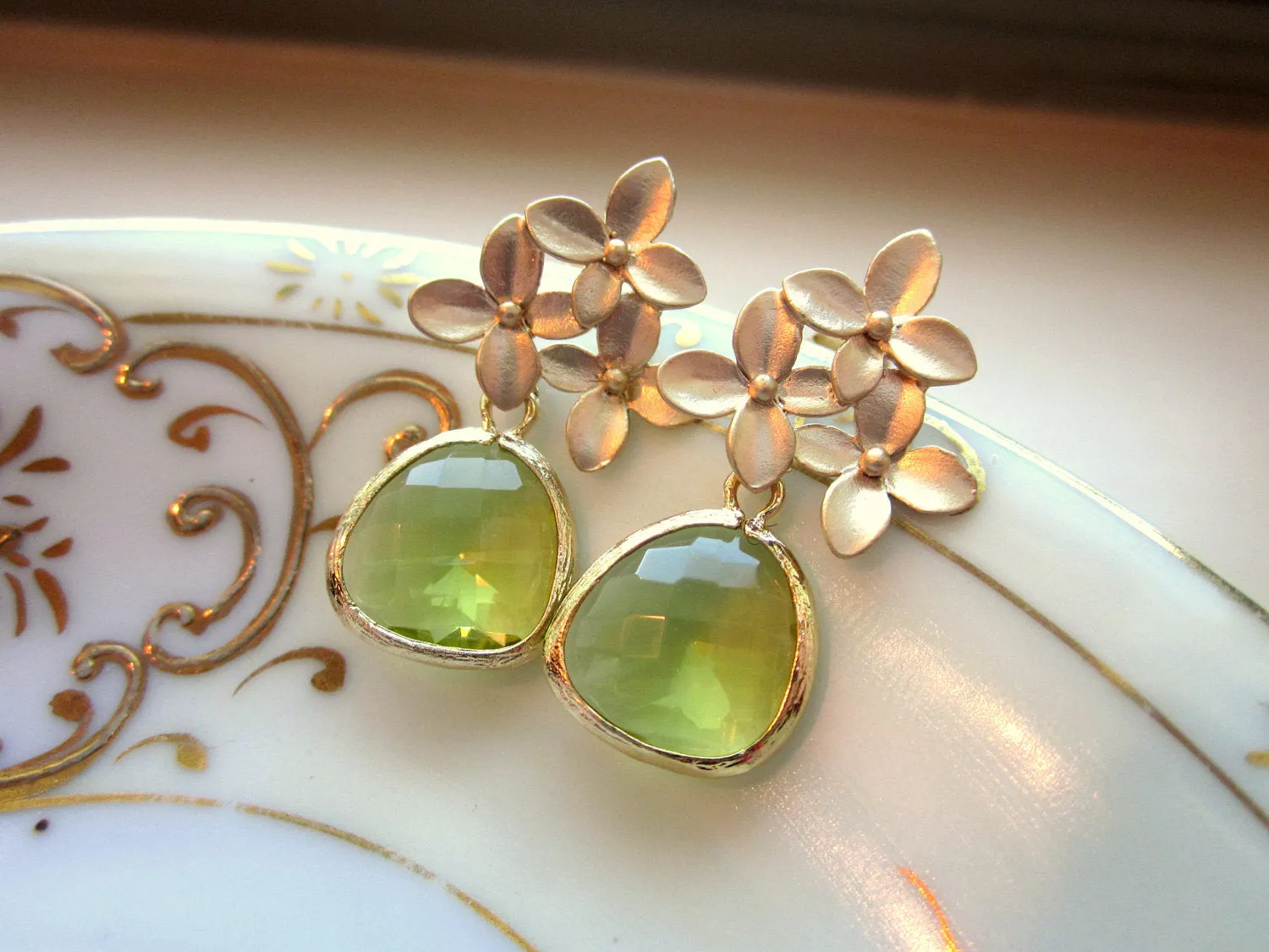 Peridot Earrings Apple Green Gold Cherry Blossom - Sterling Silver Posts - Bridesmaid Earrings - Wedding Jewelry - Valentines Day Gift