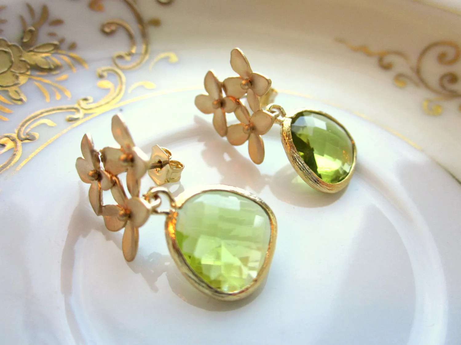 Peridot Earrings Apple Green Gold Cherry Blossom - Sterling Silver Posts - Bridesmaid Earrings - Wedding Jewelry - Valentines Day Gift