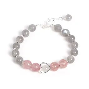 Pink Strawberry Crystal and Moonstone Sterling Silver Bracelet for Women