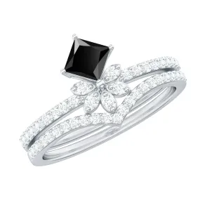 Princess Cut Black Spinel and Diamond Flower Ring Set