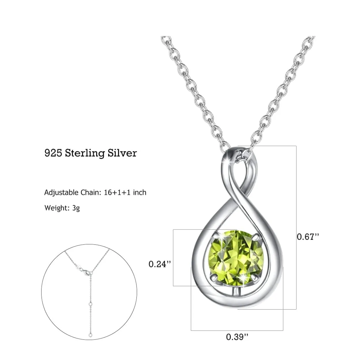 "Infinite Embrace" August Birthstone Peridot Stone Infinity Symbol Sterling Silver Pendant Necklace