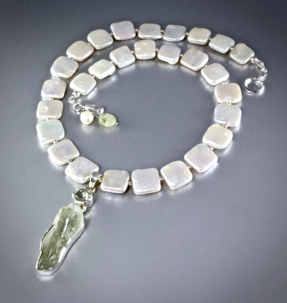 "Marilyn" - Raw Green Amethyst and Cultured Pearl Sterling Silver Necklace