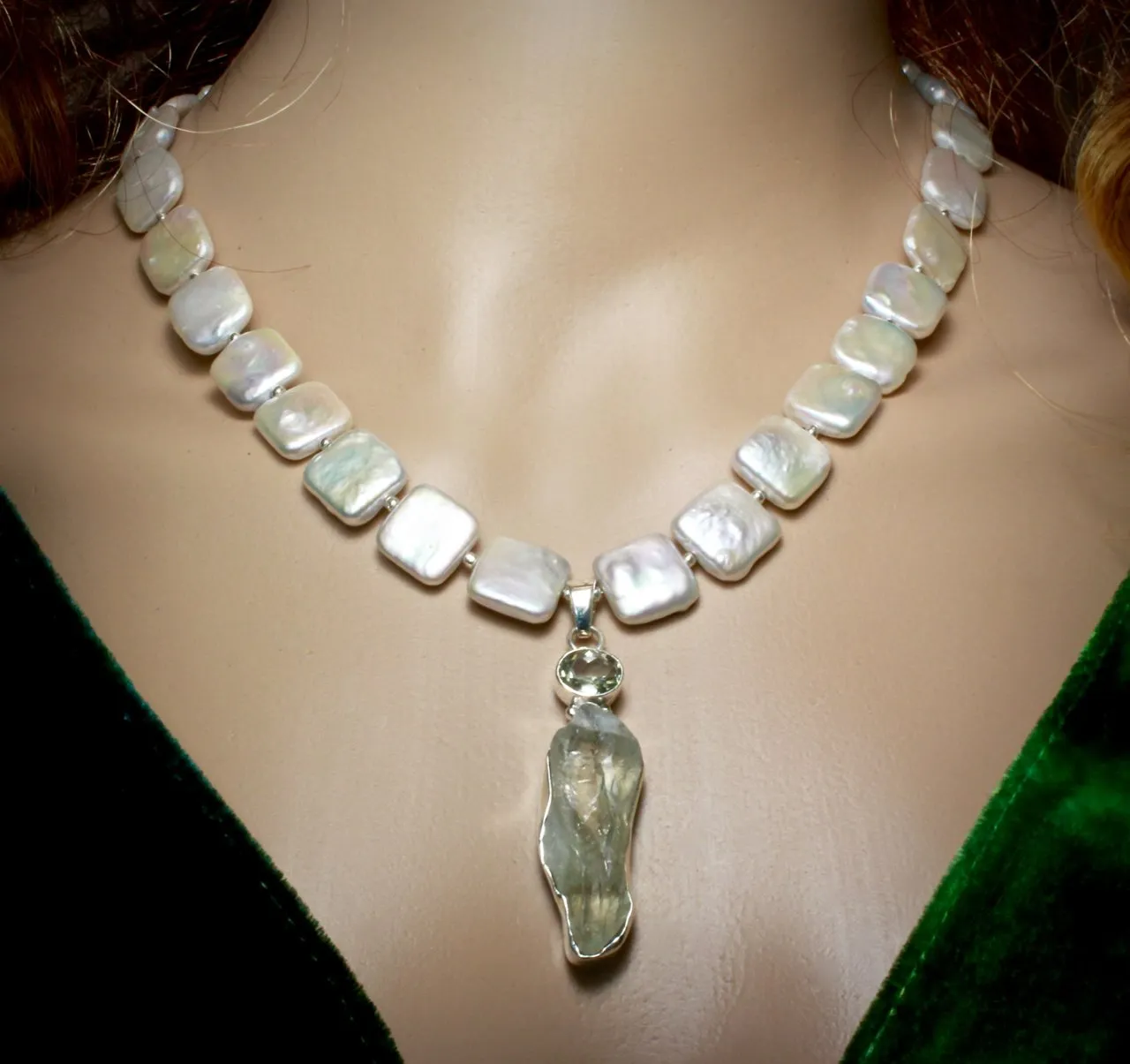 "Marilyn" - Raw Green Amethyst and Cultured Pearl Sterling Silver Necklace