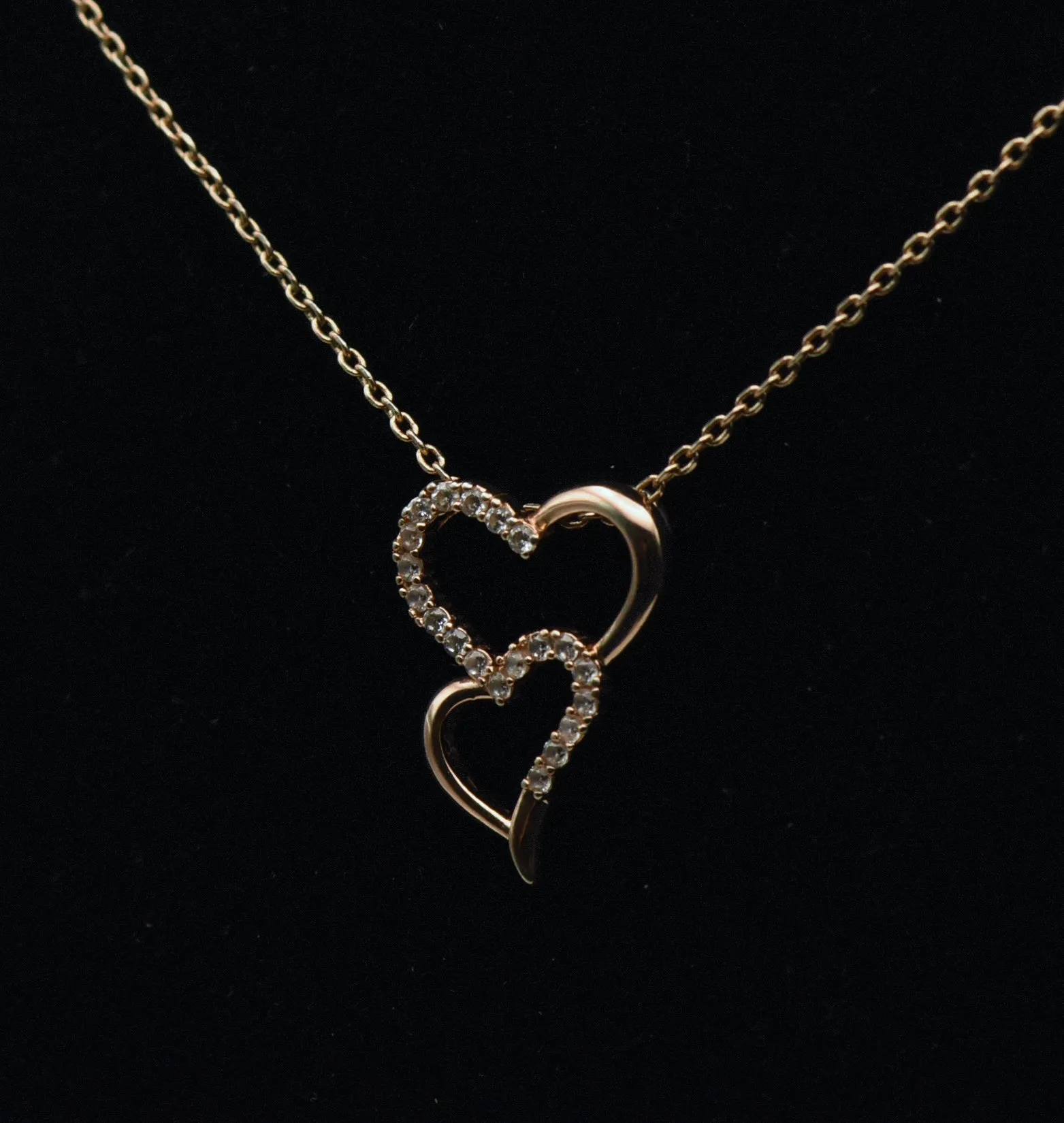 Rose Gold Tone Double Heart Rhinestones Pendant on Rose Gold Tone Chain Necklace