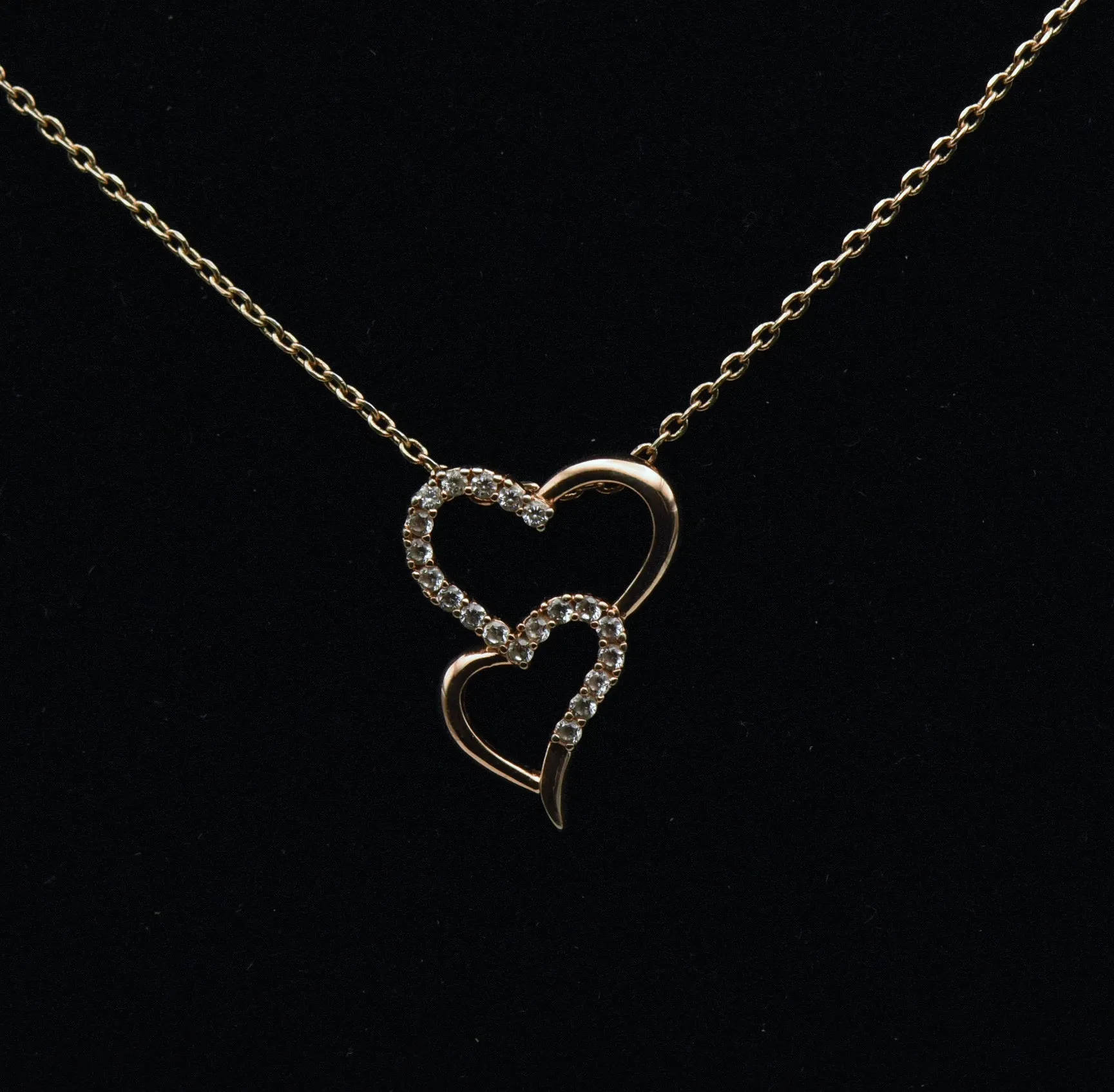 Rose Gold Tone Double Heart Rhinestones Pendant on Rose Gold Tone Chain Necklace