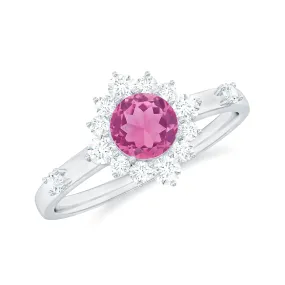 Round Pink Tourmaline Classic Halo Engagement Ring with Diamond