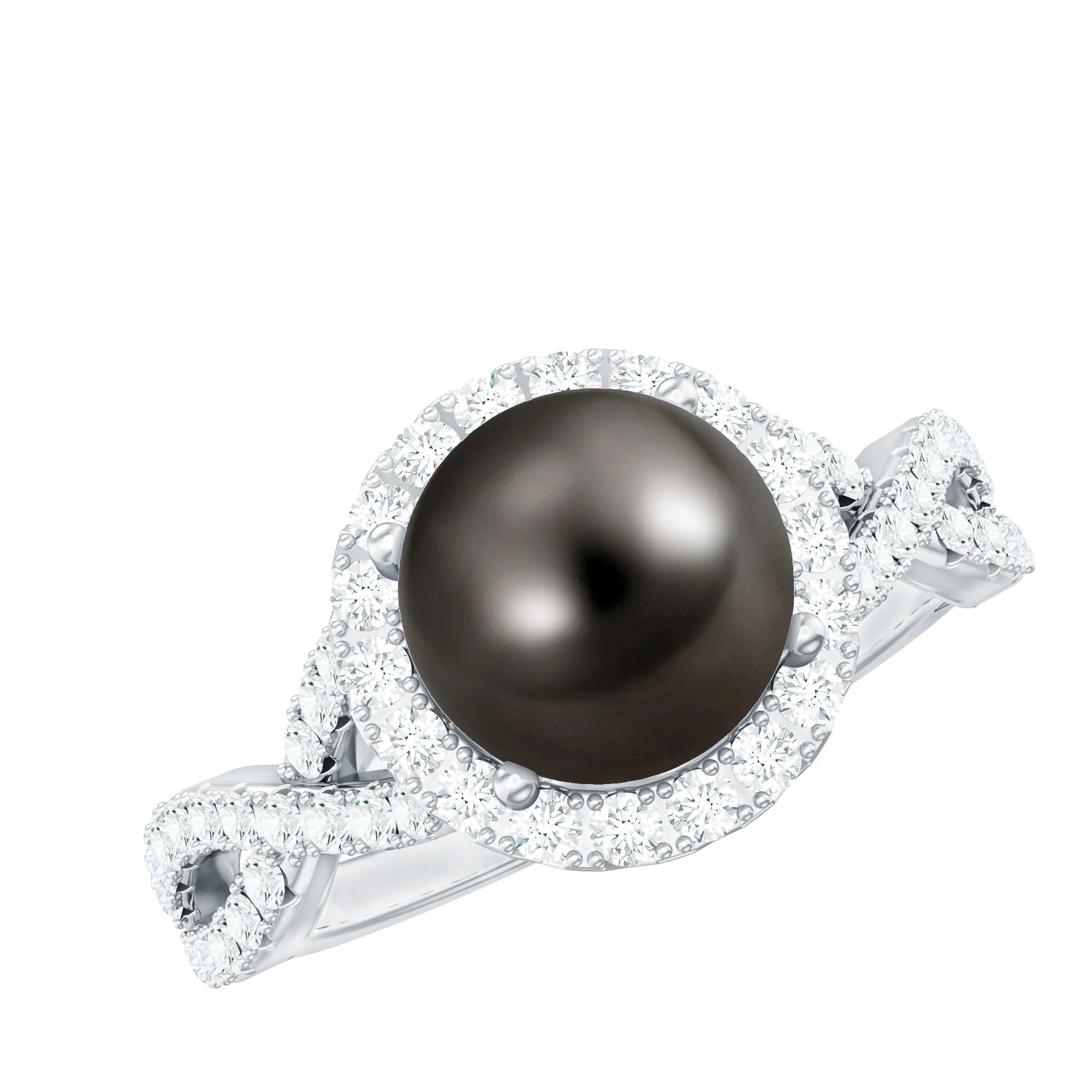 Spiral Shank Tahitian Pearl Solitaire with Diamond Side Stone Ring