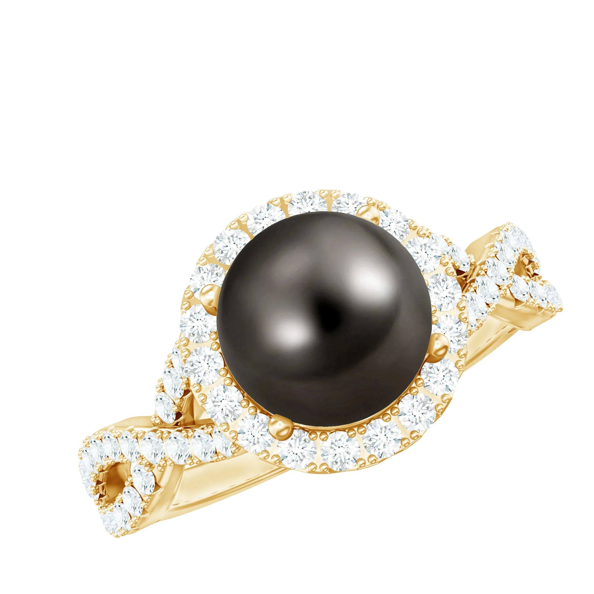 Spiral Shank Tahitian Pearl Solitaire with Diamond Side Stone Ring