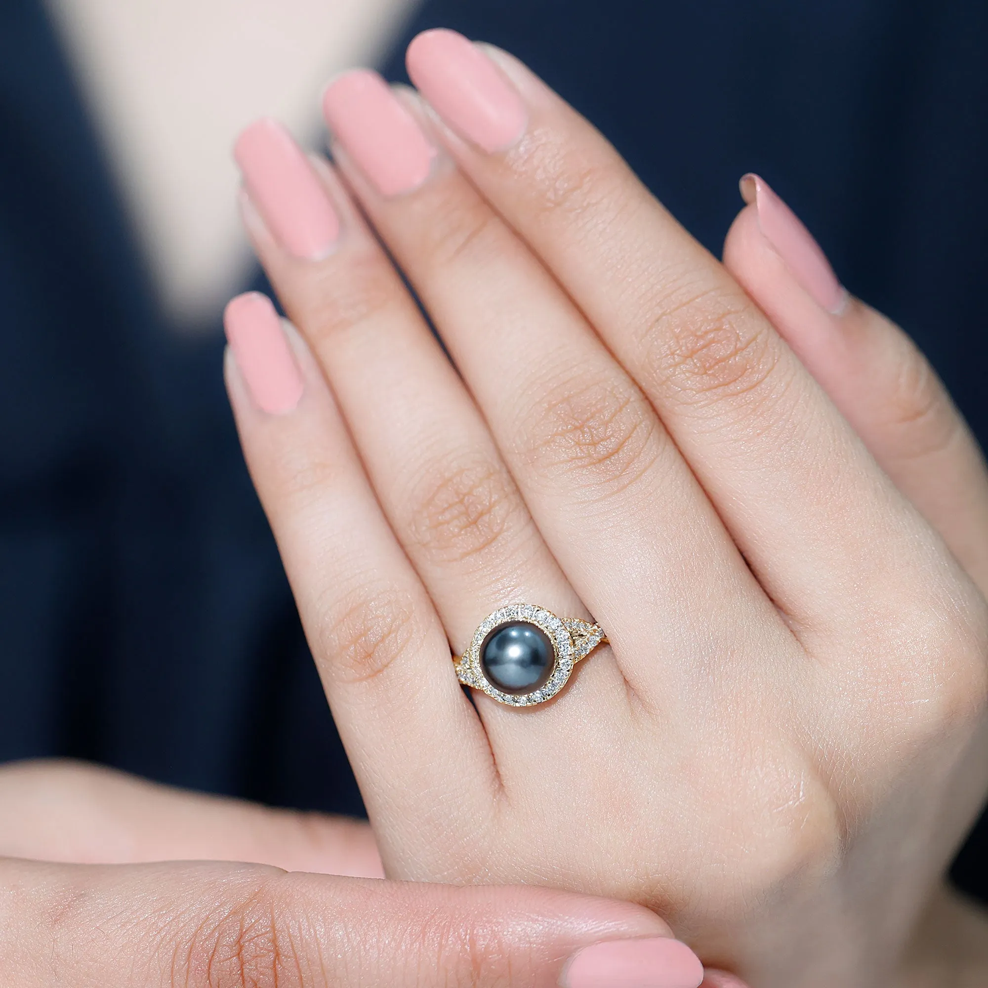 Spiral Shank Tahitian Pearl Solitaire with Diamond Side Stone Ring