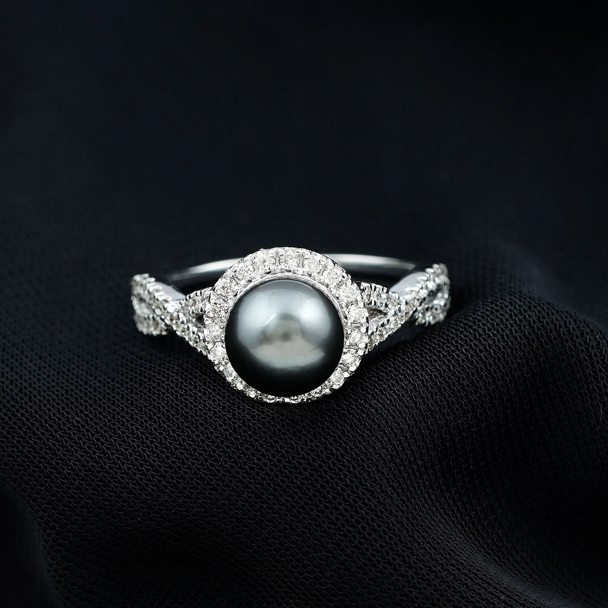 Spiral Shank Tahitian Pearl Solitaire with Diamond Side Stone Ring