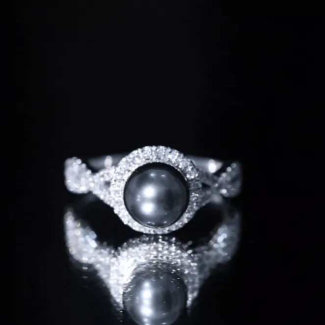 Spiral Shank Tahitian Pearl Solitaire with Diamond Side Stone Ring