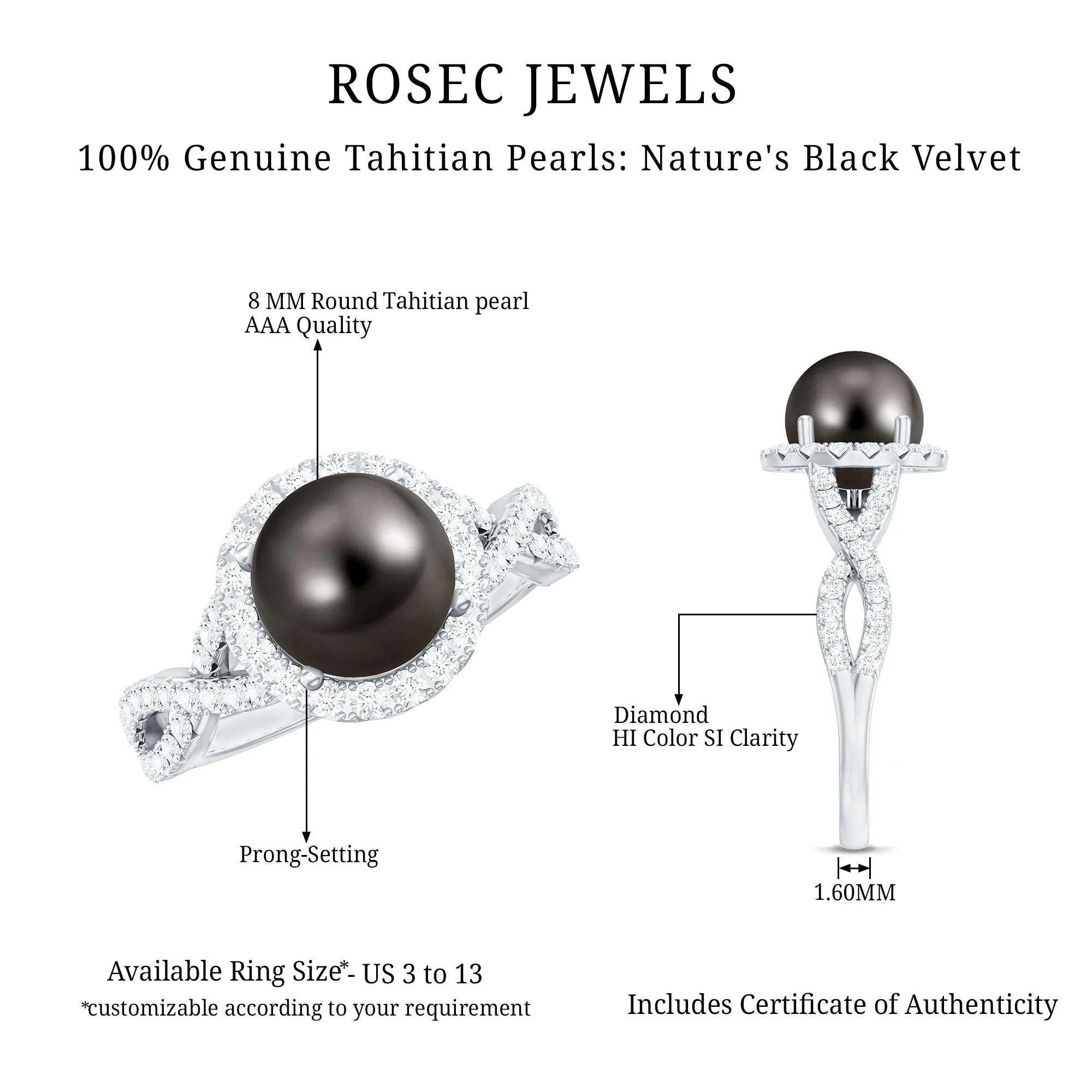 Spiral Shank Tahitian Pearl Solitaire with Diamond Side Stone Ring