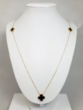 Statement-Making 31.5" Solid 18k Yellow Gold Natural Onyx Clover Necklace