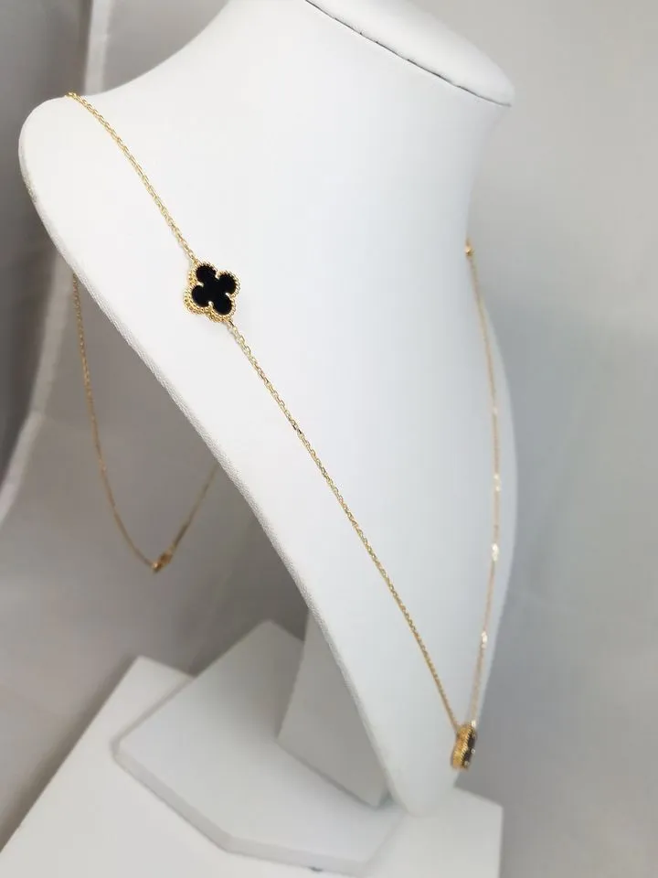 Statement-Making 31.5" Solid 18k Yellow Gold Natural Onyx Clover Necklace