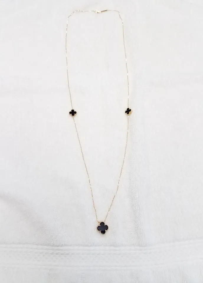 Statement-Making 31.5" Solid 18k Yellow Gold Natural Onyx Clover Necklace