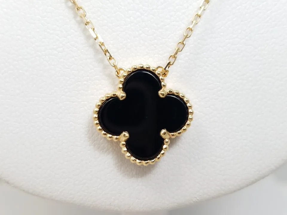 Statement-Making 31.5" Solid 18k Yellow Gold Natural Onyx Clover Necklace