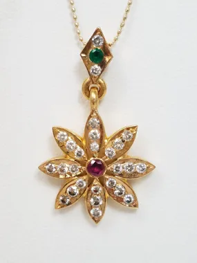 Stunning 21k Yellow Gold Natural Ruby Emerald Diamond Dangle Pendant