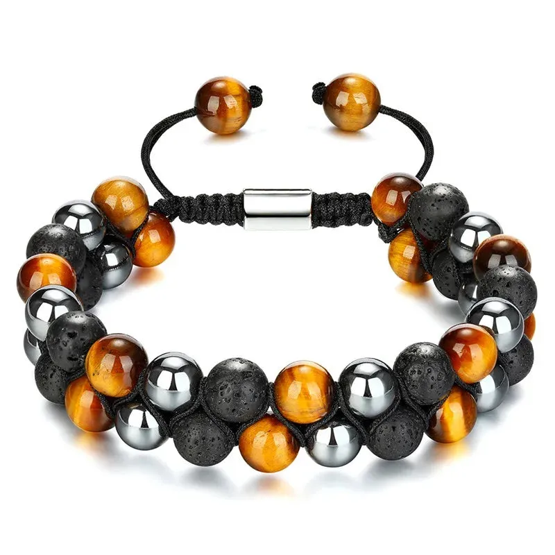 Triple Protection Bracelet 8mm Beads Bracelet Tigers Eye Black Obsidian Hematite Bracelet for Men Women Healing Crystal Bangle