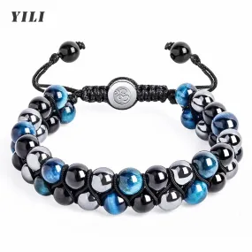 Triple Protection Bracelet 8mm Beads Bracelet Tigers Eye Black Obsidian Hematite Bracelet for Men Women Healing Crystal Bangle