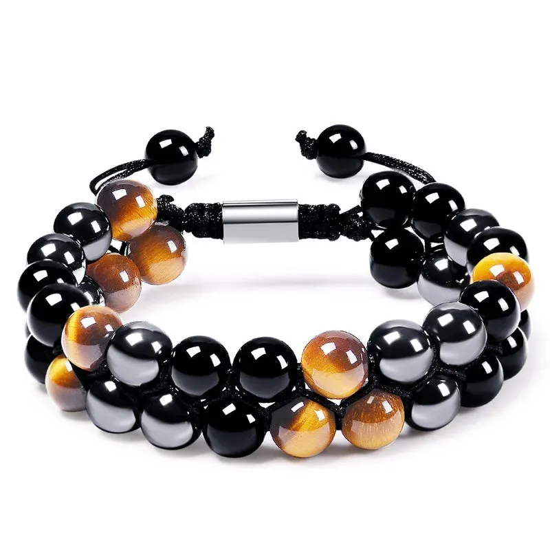 Triple Protection Bracelet 8mm Beads Bracelet Tigers Eye Black Obsidian Hematite Bracelet for Men Women Healing Crystal Bangle