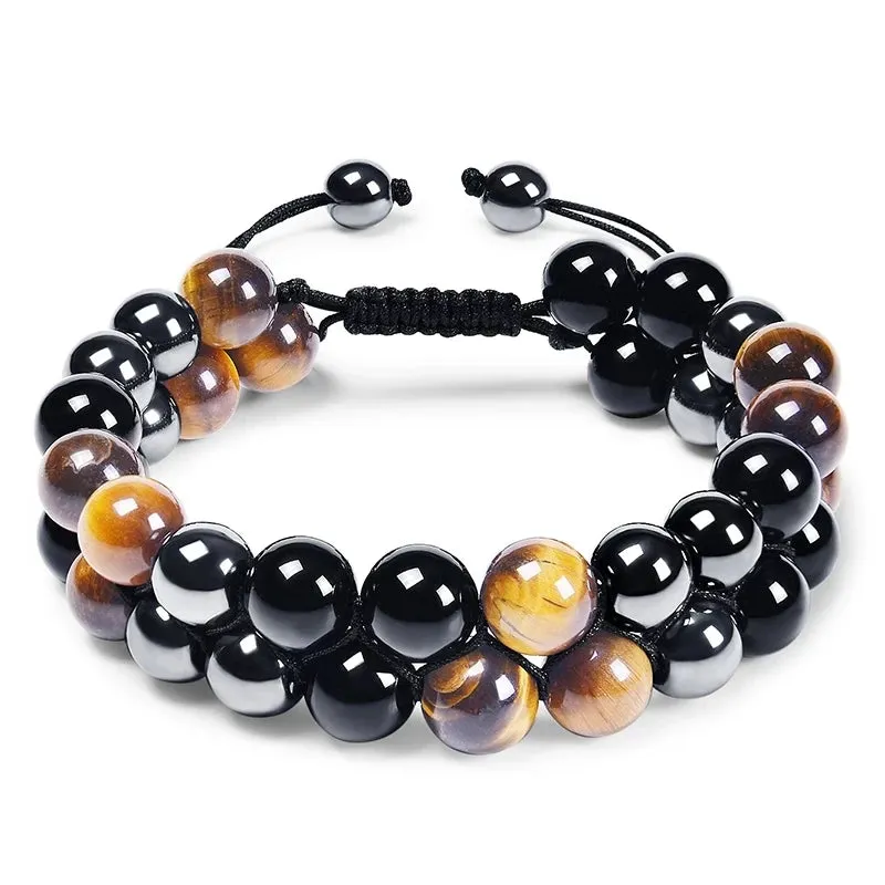 Triple Protection Bracelet 8mm Beads Bracelet Tigers Eye Black Obsidian Hematite Bracelet for Men Women Healing Crystal Bangle