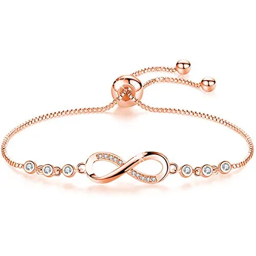 Tusuzik Double Heart 14K Rose Gold Plated Bracelet Cubic Zirconia Paved Adjustable Infinity Bracelets for Women Jewelry