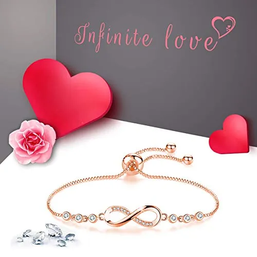 Tusuzik Double Heart 14K Rose Gold Plated Bracelet Cubic Zirconia Paved Adjustable Infinity Bracelets for Women Jewelry