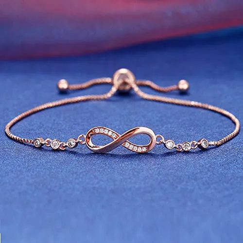 Tusuzik Double Heart 14K Rose Gold Plated Bracelet Cubic Zirconia Paved Adjustable Infinity Bracelets for Women Jewelry